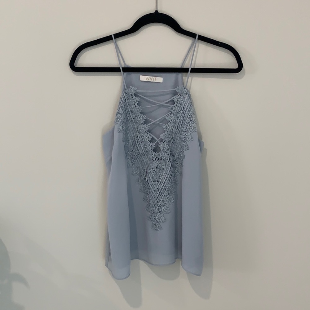 Wayf Blue Lace Up Spaghetti Strap Blouse Flowy Spring Easter Summer Tank Top - Picture 4 of 11